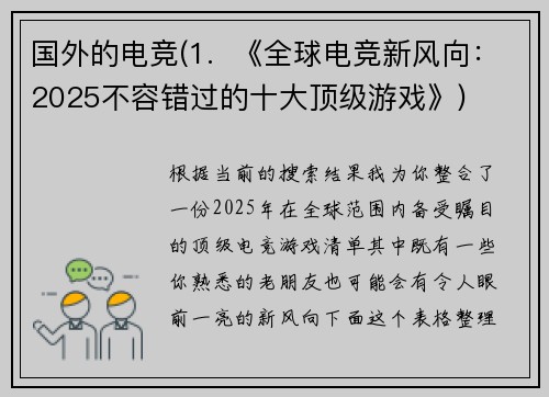 国外的电竞(1.  《全球电竞新风向：2025不容错过的十大顶级游戏》)